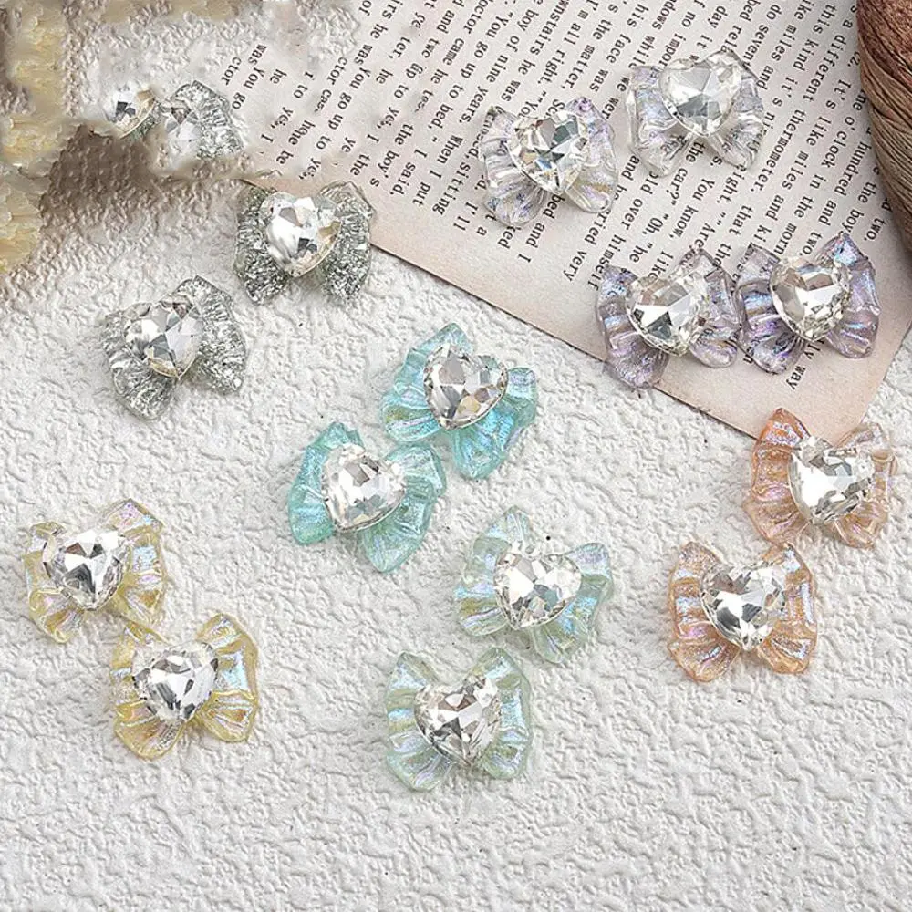 10pcs 3D Crystal Heart Manicure Ornament Nail Art Rhinestones Aurora Ribbon Bow Nail Decoration Tips Charms Manicure Accessories