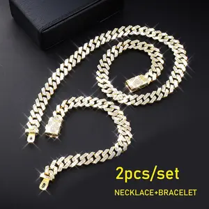 2pcs Cuban Link Chain for Men,Silver Necklace and Bracelet,Miami Cuban Chains,Bling Diamond Chain for Hip Hop Jewelry