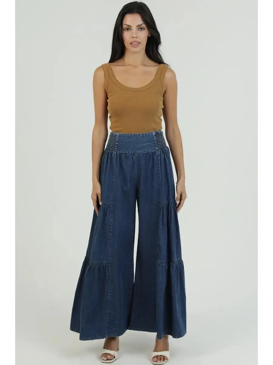 Women's Denim Smocked Waist Tiered Wideleg Pants
