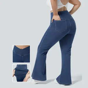 Halara Flex High Waisted Crossover Pocket Washed Stretchy Knit Casual Plus Size Super Flare Jeans