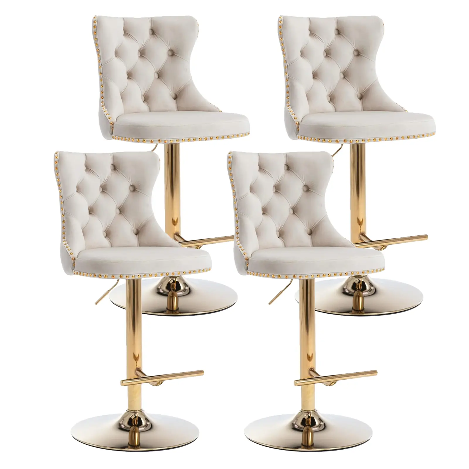 Set of 2 or 4 Modern Swivel Adjustable Bar Stools, Velvet Tufted Bar Chairs with Golden Leg & Backrest and Nailhead Trim, Comfortable  cushioned bar chair ,For Kitchen Island, Counter Height Chair for Kitchen, Bar, Dining Room