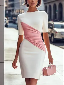 Women's Elegant Chic Patchwork Dress, Round Neck Zipper Design, Fitted Slimming Fit, Casual Daily Wear, All Seasons Fashion