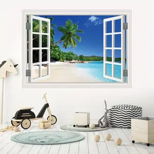 Beach Sea View Pattern Wall Sticker, Tropical Beach 3D Fake Window Wall Sticker, Palm Tree Realistic Window Wall Sticker, Self-adhesive Wallpaper