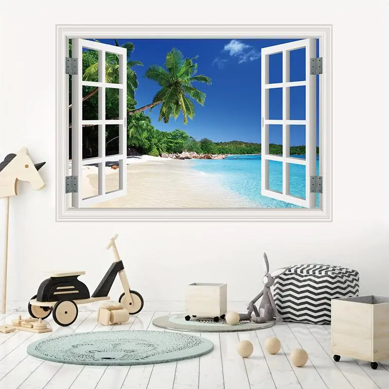 Beach Sea View Pattern Wall Sticker, Tropical Beach 3D Fake Window Wall Sticker, Palm Tree Realistic Window Wall Sticker, Self-adhesive Home Wallpaper