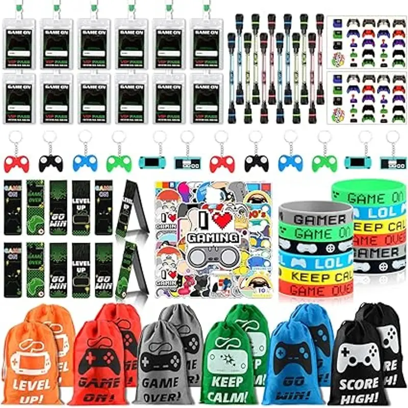 124 count Gadgets Birthday Kids Video Games, Games Gift Party Birthday Silicone Bracelet, Neck Badge Holder and Keychain, Video Games Birthday Party Supplies for Children Boy