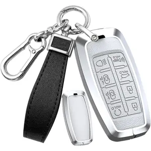 Car fob cover for Hyundai Genesis GV80 gv90 G70 G80 G90 gv70 8 Button car accessories Metal & leather key case Holder protector with keychains-White