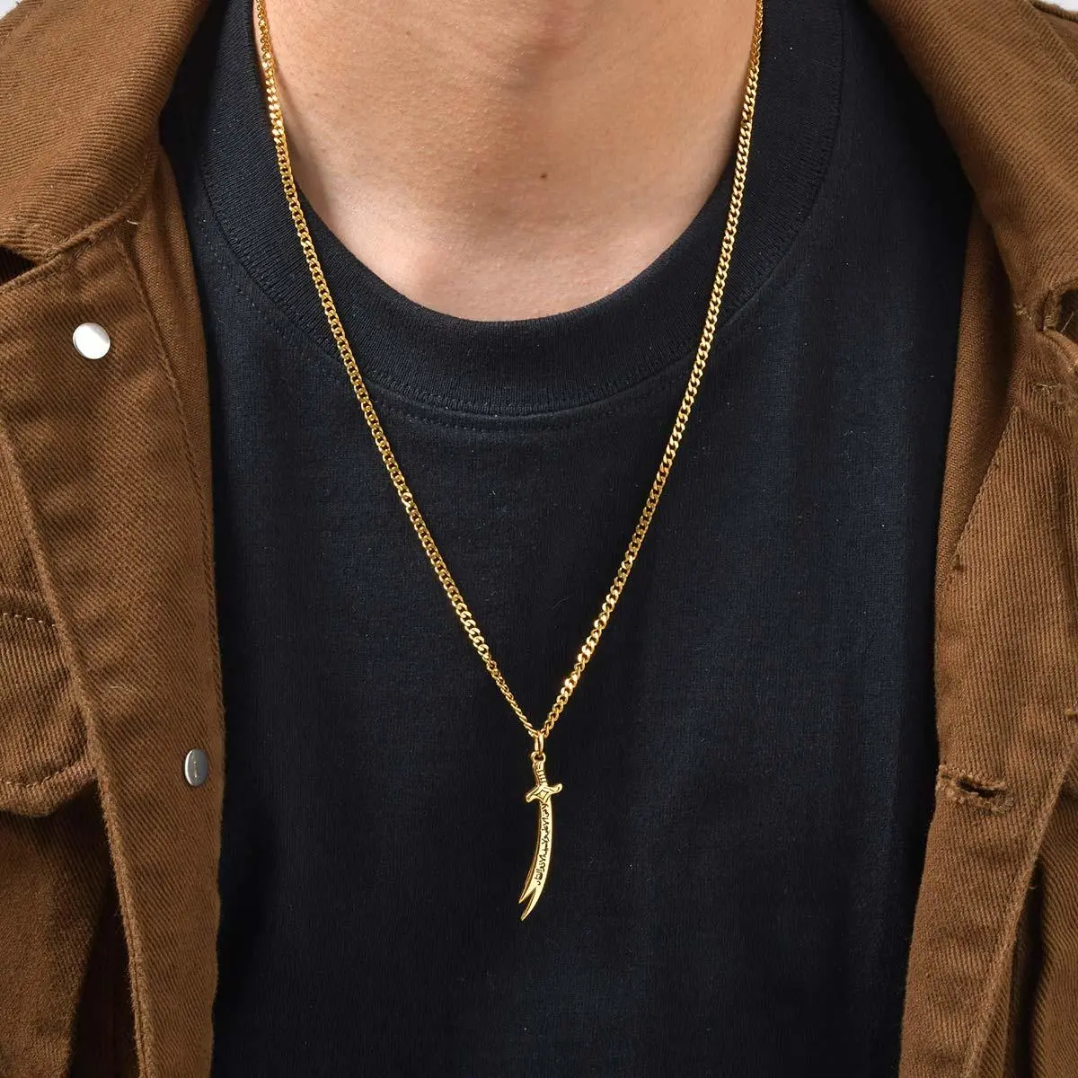 Vnox Islamic Zulfiqar Sword Pendant Necklace for Men, Stainless Steel Gold Silver Color Imam Ali Talisman Amulet Religious Gifts