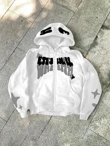 Men's Street Style Fall Winter Hooded Long Sleeve Cardigan Hoodie with Drawstring and Pockets, English Star Print Design, Perfect for Outdoor and Casual Wear, Sweatshirts