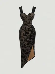 💃 Romantic Floral Midi Dress With Sweetheart Neckline And High Slit, Perfect Wedding Guest Style.