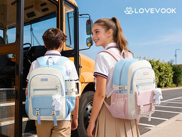 LOVEVOOK School Backpack for Teen Girls, Cute Student Bookbag Fits 15.6 Inch Laptop, Back to School Backpacks for 8-18 Teenager Kid, Large College Travel Back Pack with Water Bottle Holder Pink