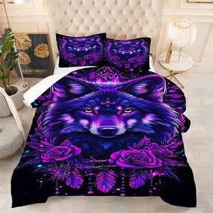 Psychedelic Purple Wolf Comforter Set, Neon Glow Bedding Set, Bed Sets with Stunning Floral Accents, Cozy and Luxurious for Amazing Bedroom Decor, Perfect for a Unique and Stylish Sleep Space, Includes 1 quilt, with 1 or 2 Pillowcase No Pillow Core