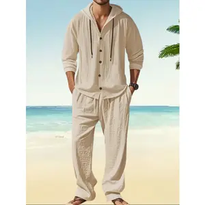 New autumn hooded shirt drawstring simple summer fashion solid color casual long-sleeved trousers men's suit men's wear