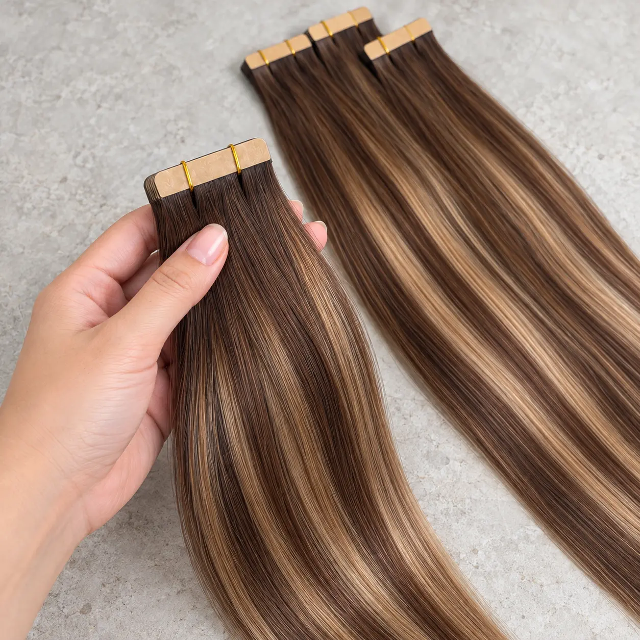 JOPEAR T427P4 Balayage Tape In Hair Extensions Chocolate Brown to Caramel Blonde Human Hair 21Pcs Add Volume Dimensional Highlights Strong Adhesive Tape Salon Color Look