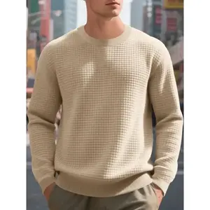 Men's White Waffle Knit Sweater, Crew Neck & Long Sleeve Design, Soft Breathable Cotton Blend for Spring Fall Casual, Office & Daily Wear ?C Slim Fit, Ribbed Cuffs/Hem, Thermal Texture