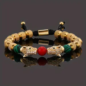 1pc Double Leopard Head Charm Men Bracelet Men Stainless Steel Beads Bracelets Jewelry Party Birthday Father's Day Gift
