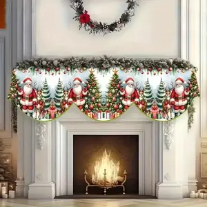 1pc Extra Long Christmas Fireplace Mantel Scarf - Santa Claus, Reindeer, Holly Berry Garland - Large 49.78x199.9cm (19.6x79.6in) Fireplace Mantel Decoration - Durable Polyester Holiday Decor for Fireplace, Door, Window, Table - Easy-Clean Christmas Home D