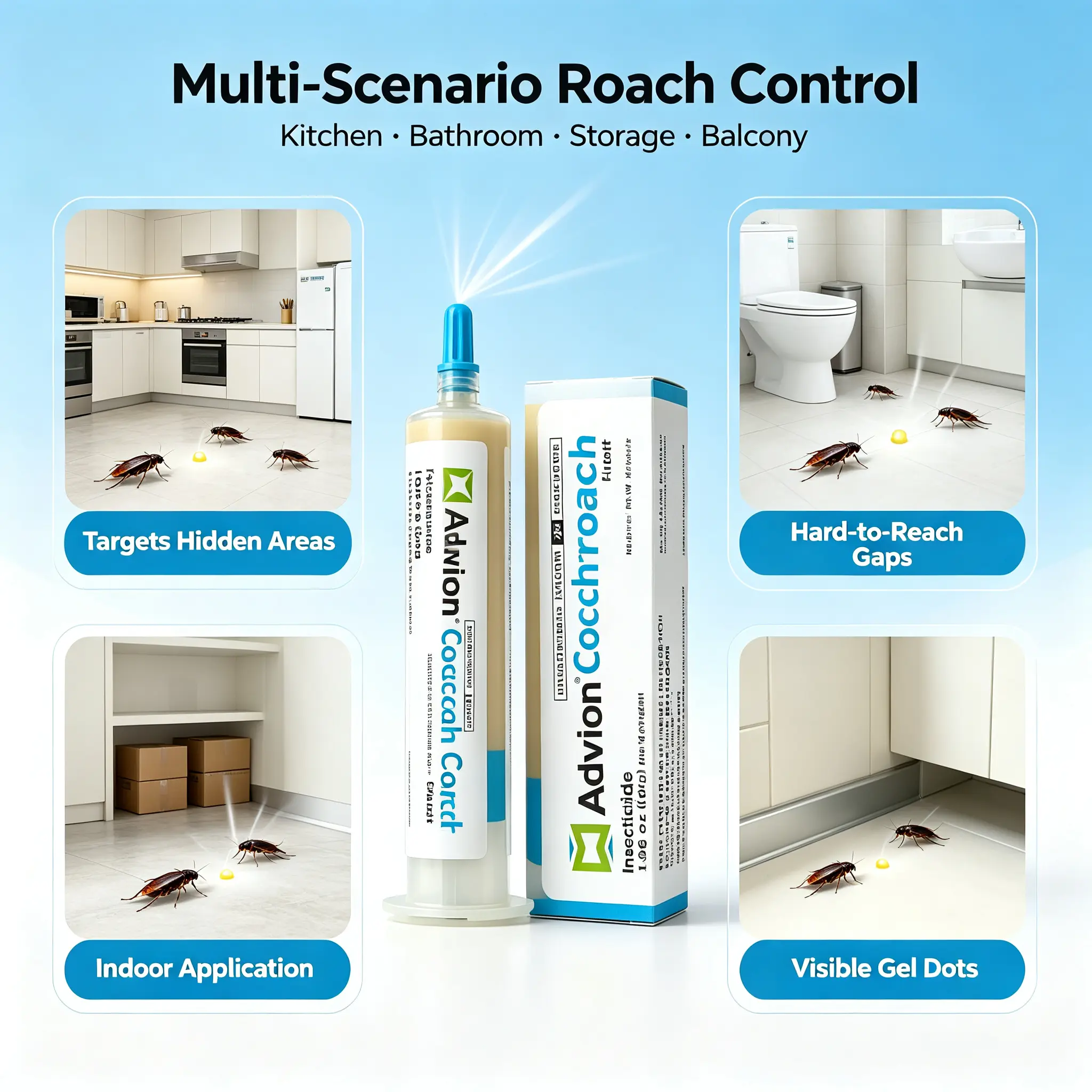 Advion Cockroach Gel Bait, 4 Tubes x 30-Grams, 4 Plunger and 4 Tips, German Roach Insect Pest Control, Indoor and Outdoor Use, Roach Killer Gel for American, German and Other Major Cockroach Species