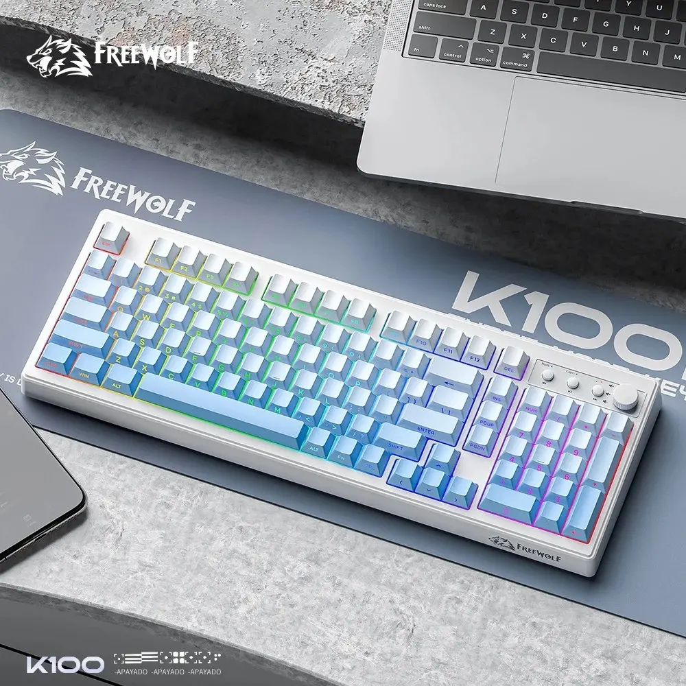 FREE WOLF FreeWolf K100 Wireless Multifunctional Keyboard Three Mode 4000mAh Long Battery Life RGB Customized Business Office Membrane Keyboard Rechargeable Backlight Keyboard