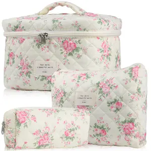 Cute Makeup Bag for Women(3 Pcs), Travel Cosmetic Bags, Quilted Coquette Aesthetic Floral Toiletry Organizer Bag Brush Pouch