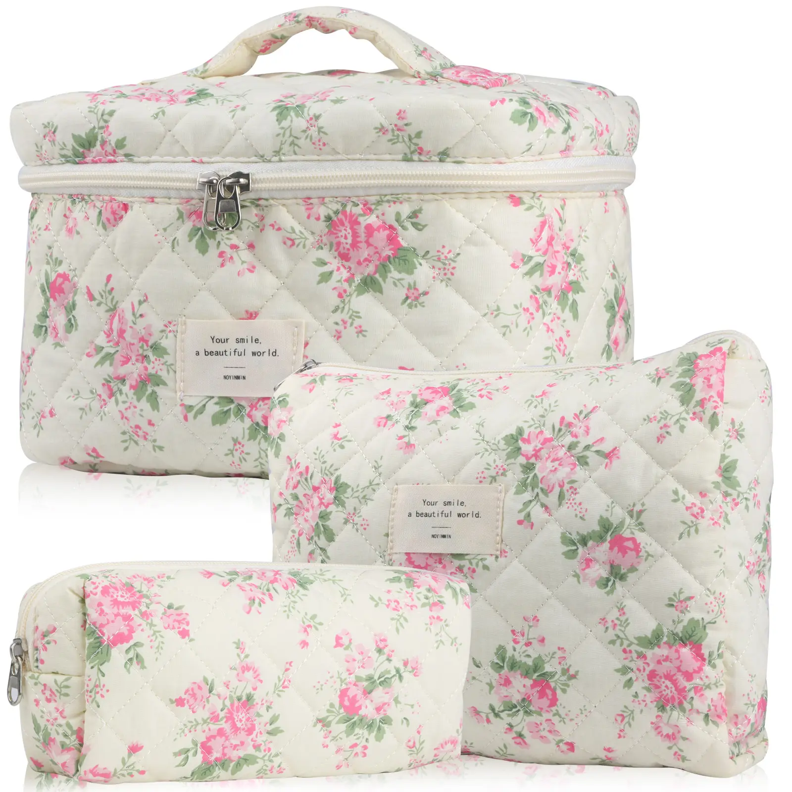 Cute Makeup Bag for Women(3 Pcs), Travel Cosmetic Bags, Quilted Coquette Aesthetic Floral Toiletry Organizer Bag Brush Pouch