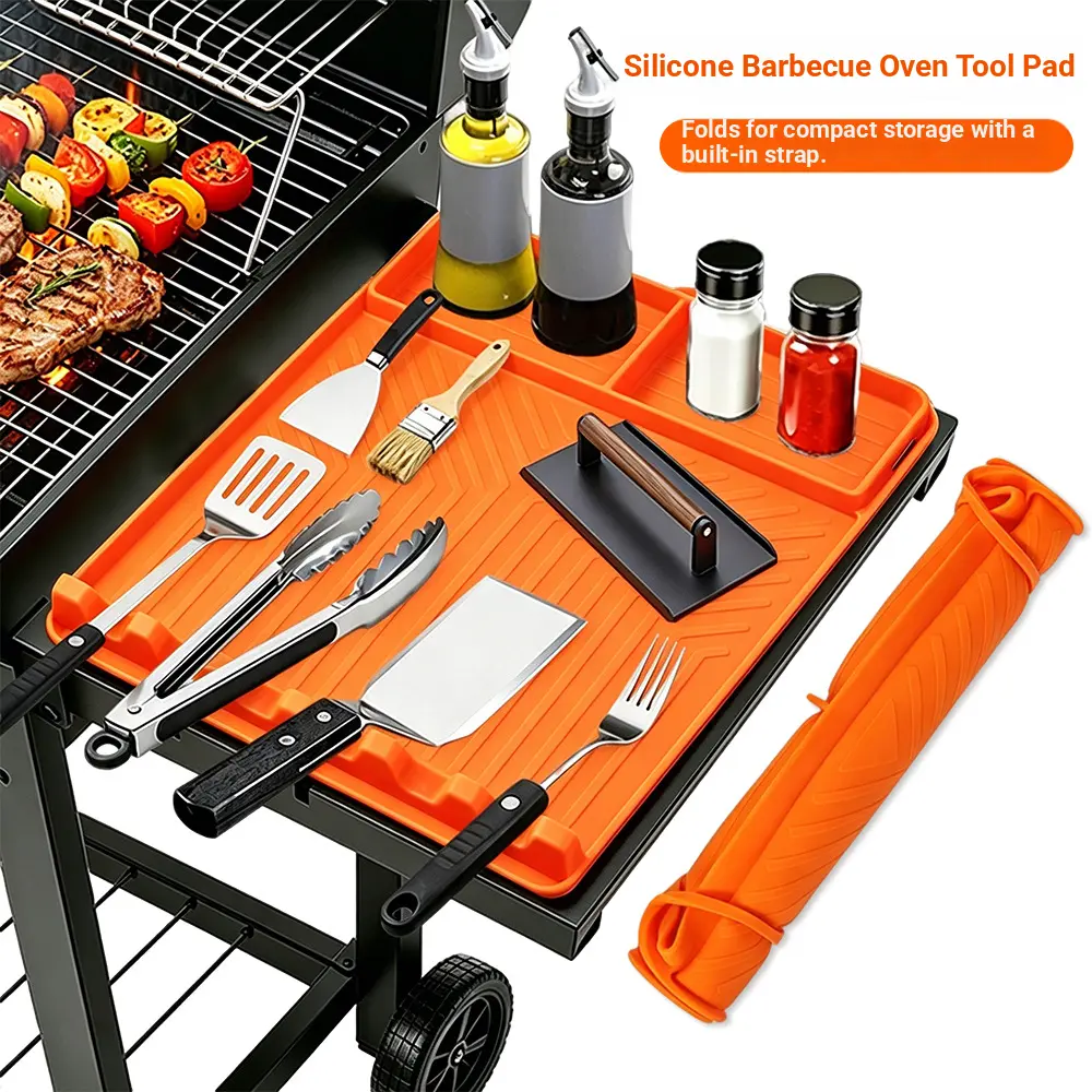 Silicone Grill Side Shelf Mat, Non-Slip Heat-Resistant BBQ Tool Holder for Spatulas, Tongs & Sauces, Oil-Proof Griddle Accessories for Summer BBQ & Outdoor Cooking