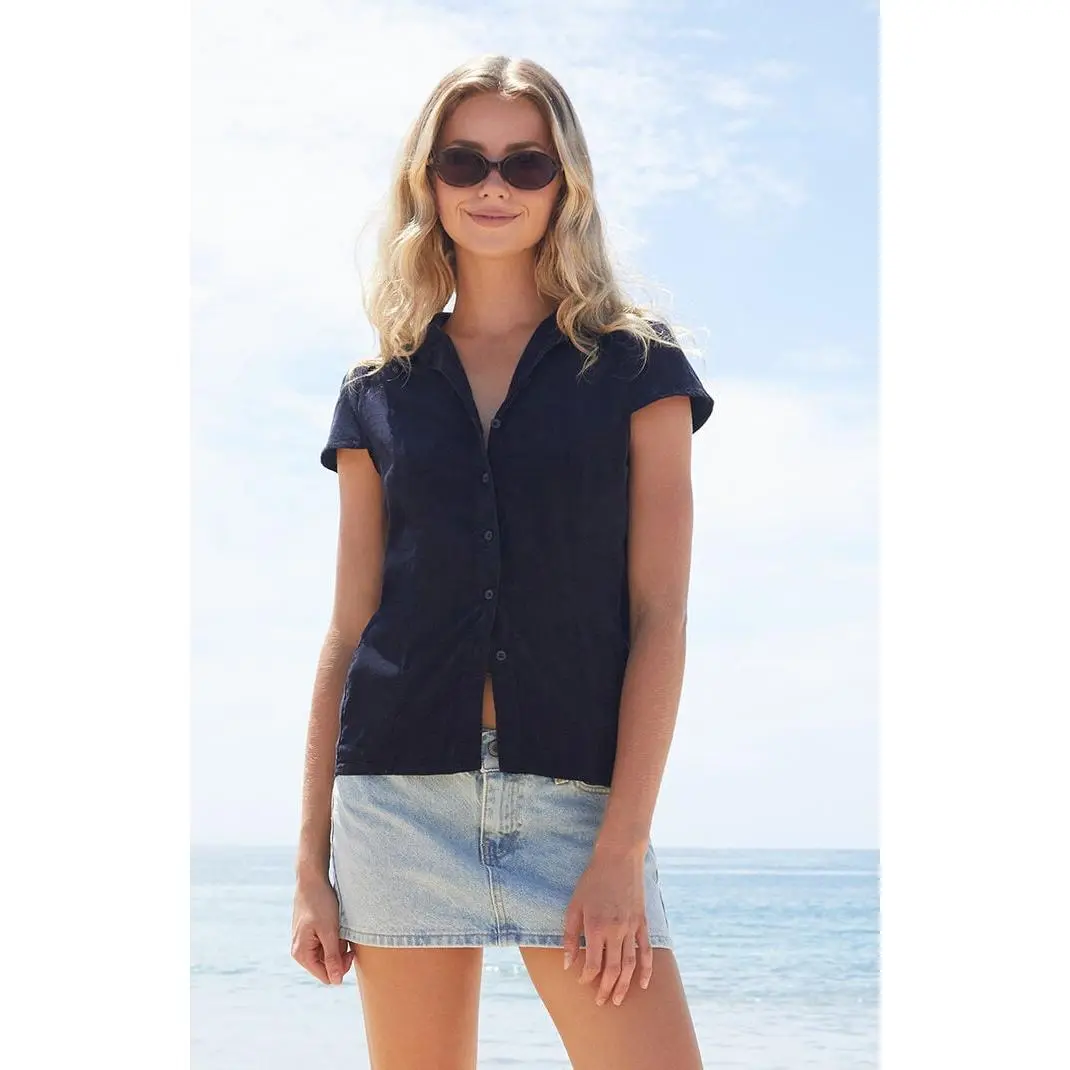 John Galt Women's Blue Corduroy Rue Collared Top