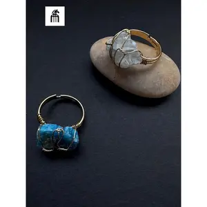 Natural Stone Amethyst Rough Stone Blue Crystal Ring DIY Wire Wrapped Crystal Stone Adjustable Pink Crystal Wire Wrapped Raw Stone Ring