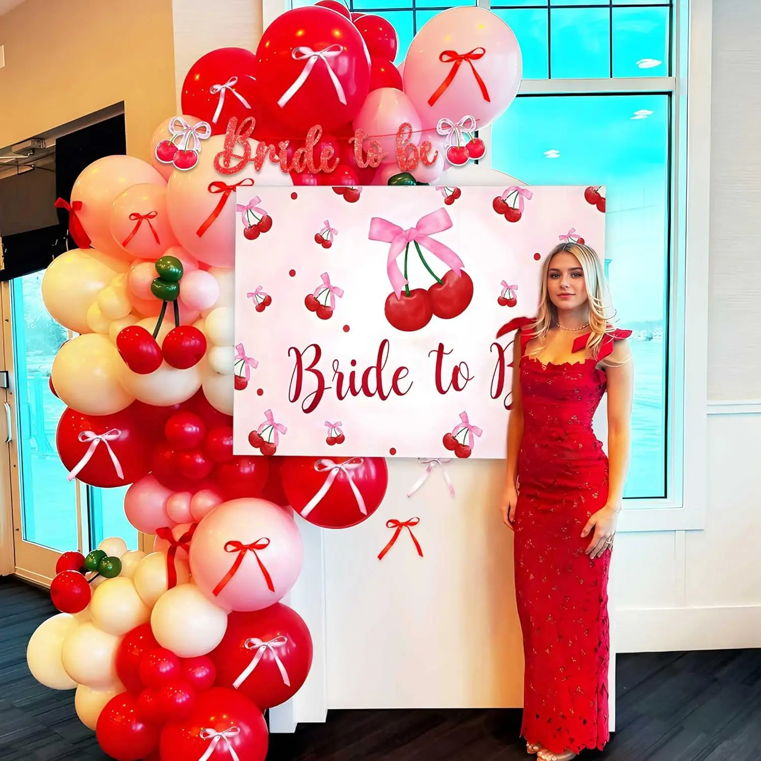 Cherry Themed Bride to Be Backdrop & Bachelorette Party Decorations with Red Glitter Banner, Pink & Red Balloons, and Ribbons for Summer Fruit Themed Bridal Shower