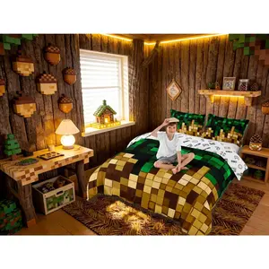 Pixelated Miners Blocks Kids Duvet Cover Set,Patchwork Square Video Games Girls Boys Bedding Set,Geometric Patchwork Grid Room Decor,Green Yellow Quilt Cover,(No Comforter)