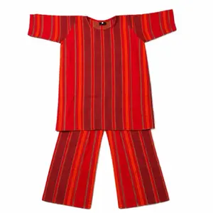 Rasmi Boutiques Women's Long Sleeve Shaash Shirt & Trouser Set - Red & Brown Striped Wide Leg Pants for Comfortable Wear Loose Fitting with Elastic Waistband Cold Wash Tumble Dry Only