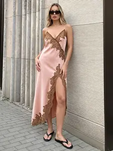 Elegant Lace Patchwork Silk Dress for Women, Sleeveless V-Neck Split Back Sundress, Sweet Evening Party Style, Sexy Sleepwear Look