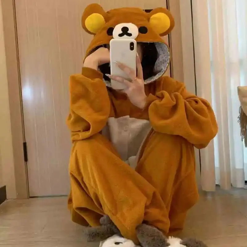 Cartoon Rilakkuma Women's Long-Sleeve Onesies Pyjamas - Autumn Winter Warm Loungewear, Couple's Casual Home Wear, Ideal Gift