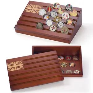 Wooden Military Challenge Coin Display Organiser with Storage and UK Engraved Flag, Artista Vision Brown Box