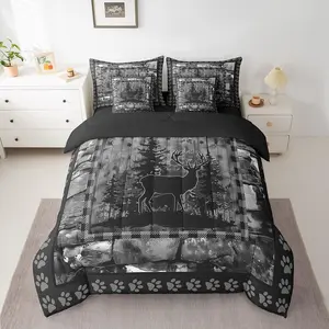 Deer Bedding Set,Wild Animal Comforter Set with Sheets,7 Piece for Boys Girls,Rustic Cabin Country Bed in a Bag,Room Decor Deer Hunting Grey Bed Set