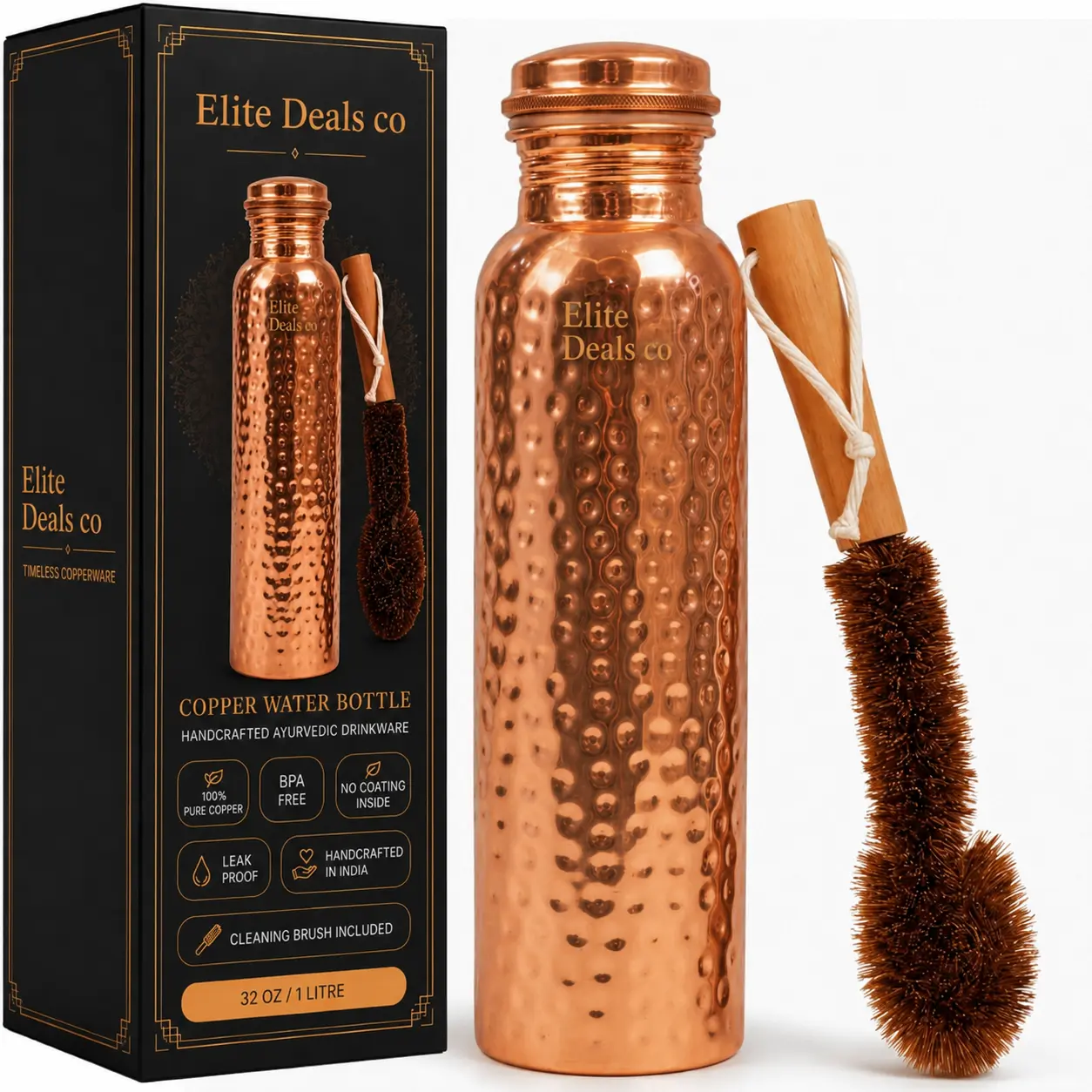 100% Pure Copper Water Bottle 32 oz – Handcrafted Ayurvedic Drinkware | Leak Proof BPA Free No Coating | Hammered Finish | Copper Vessel for Drinking Water & Gym Travel Yoga With Cleaning Brush