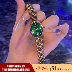 Elegant Women Gold Bracelet Watch Luxury Green Dial Quartz Wrist Watch Waterproof Stainless Steel Ladies Jewelry Watch Fashion Dress Watch Perfect Gift for Wife Mom Girlfriend