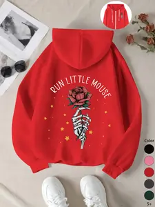 Women's Fall Winter Hooded Sweatshirt, Skull Rose Print Zipper Pullover, Sporty Fitted Casual Jacket, Comfortable Versatile Outerwear Knit
