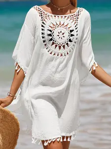 Women's Casual Loose-Fit Beach Cover-Up Dress, Summer Sun Protection Swimwear, Plain Color Patchwork Design, Swimwear Coverups
