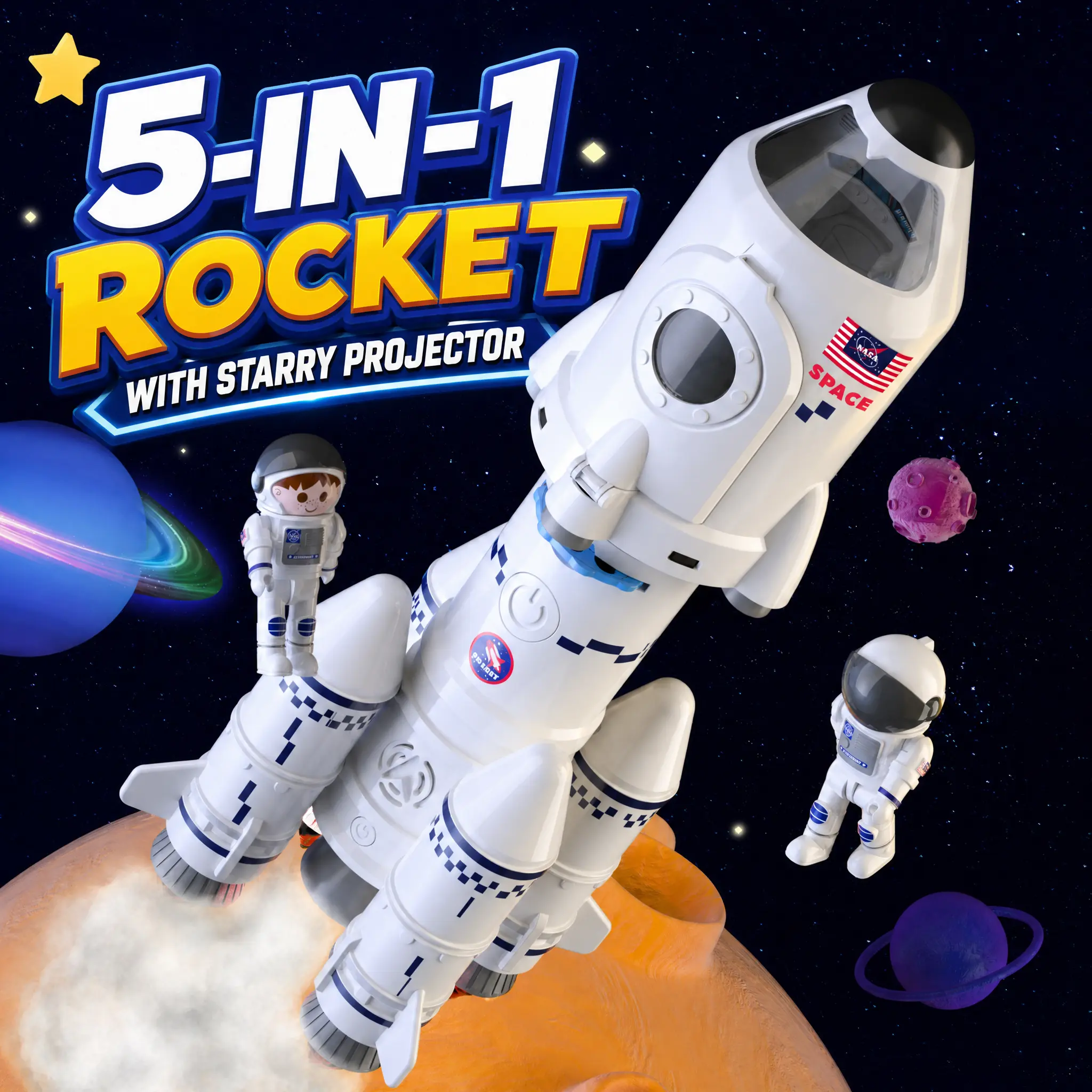 5-in-1 Rocket Ship Toy with Astronaut Figures & Starry Projector - STEM Space Adventure Set, Ideal Birthday Gift for Kids Toddlers 3-10