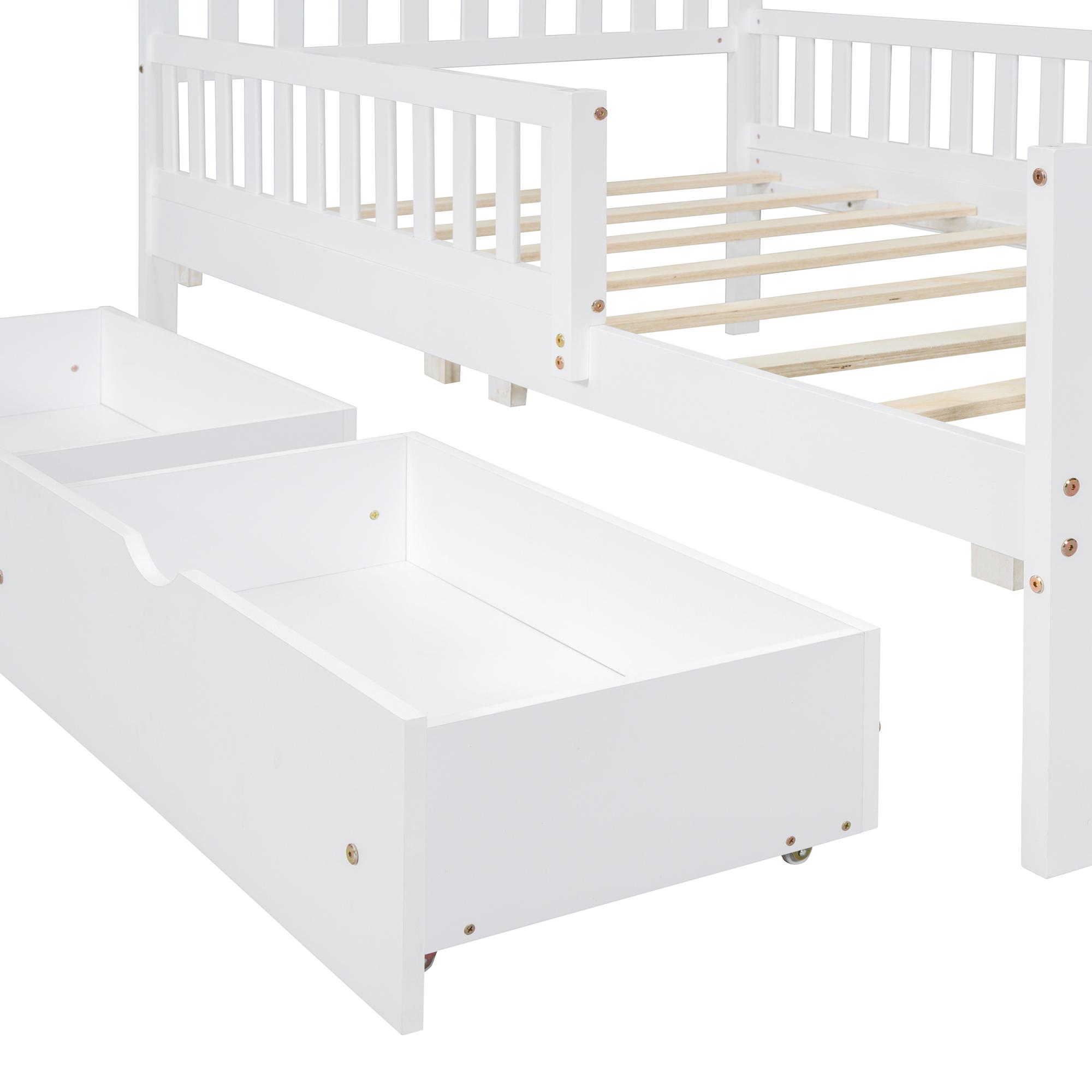 Eyisean Full Size Wooden Slat Support Platform Beds, Safety Bed Frame with Three-Side Guardrails, Space-Saving Daybed with Storage Drawers & Headboard, No Box Spring Needed, Easy Assembly for Bedroom