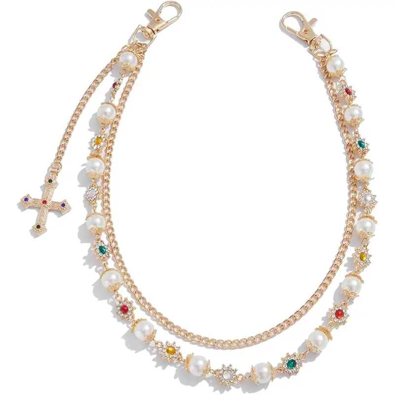 Layered Gold Silver Wallet Chains with Rhinestone Flower Pearl,Unisex Jean Pocket Chains for Men & Women,Fashion Punk Accessories for Bags,Wallets,Pants