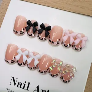 Women's Short Square Nail Set, Leopard Bow Design, Adhesive & Removable Glossy Finish Fake Nails, Nail Art, Perfect for Women