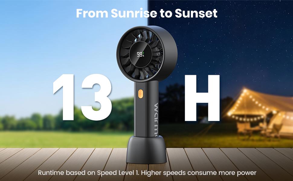 Warmco Portable Handheld Fan Rechargeable, 5000mAh Turbo Personal Mini Desk Fan , 4-Speed, Battery Powered Cool Fan with LED Display and Base, Pocket Size for Office and Travel and Makeup