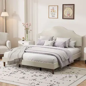 King Size Bed Frame Upholstered Platform Bed with Adjustable Headboard,Linen Fabric Padded,Modern Simple Style Platform Bed No Box Spring Needed, Easy Assembly, Beige
