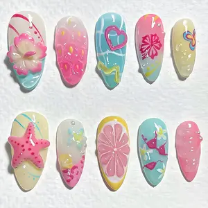 Almond Shape Summer Beach Nail Art, 3D Strawberry Starfish Grapefruit Bikini Nails, Glossy Reusable False Nails for Women