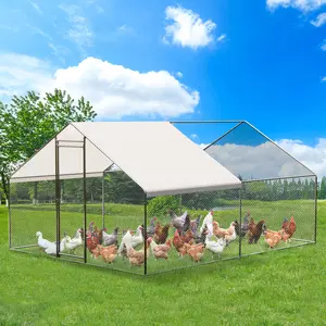 13FT Large Metal Chicken Coop Enclosure, Steel Frame Outdoor Chicken Cage with Waterproof Cover, Walk-in Run, Lockable Door, Predator-Proof Space for Backyard Farm Poultry Supplies