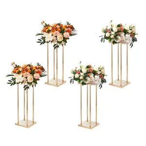 4-Piece Gold Metal Column Wedding Flower Stand, 23.6-Inch High, With Metal Laminate Finish, Geometric Vase Centerpiece Stands, Cylindrical Floral Display Rack For Events, Receptions, Parties