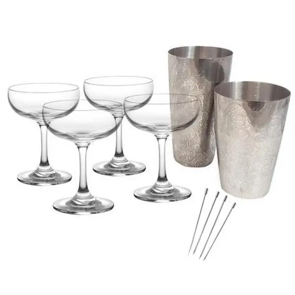 BarConic® Classic Coupe Shape Cocktail Glass Shaker Reusable Kit - 28 oz & 7 oz Solid Glasses, Custom Etched Swirl/Cylinder Designs, Tin-Steel Components for Indoor Party Entertaining (Kitchenware, Drinkware), Etched Swirls