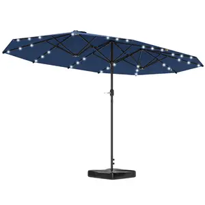 Garden Parasol 14.4 ft Double-Sided Sun Umbrella with Base – Patio Parasol with 36 LED Solar Lights, Double Canopy with Top Vents, 12 Steel Ribs, Crank Opening, for Patio, Garden, Deck, Navy Blue