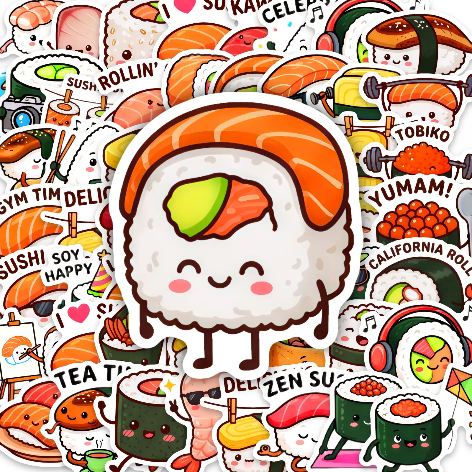 50 Pieces Cute Sushi Series Stickers, Fun Stickers, Cute Scrapbooking, Decoration Sticker, Suitable for Decorating Scrapbooks, Diaries, Laptops, Water Bottles, Cars and More, Ideal Creative Birthday Gifts